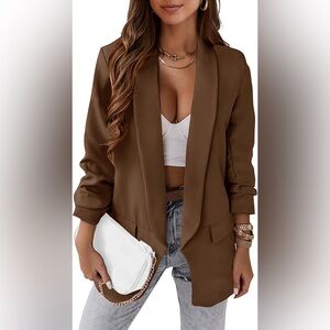 LIVE Made in Italy Camel Tan Ruched Sleeve Open Front Blazer size Large